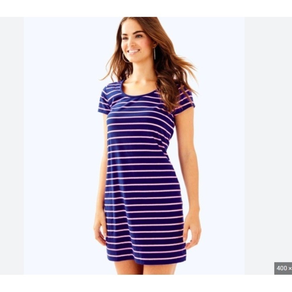 Lilly Pulitzer Beacon Dress Twilight Blue Coastal Shell Stripe Size Large 30686